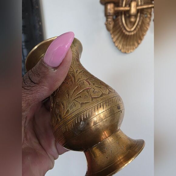 Vintage Small India Brass Etched Decorative Vase 3.25” Tall - Picture 5 of 9
